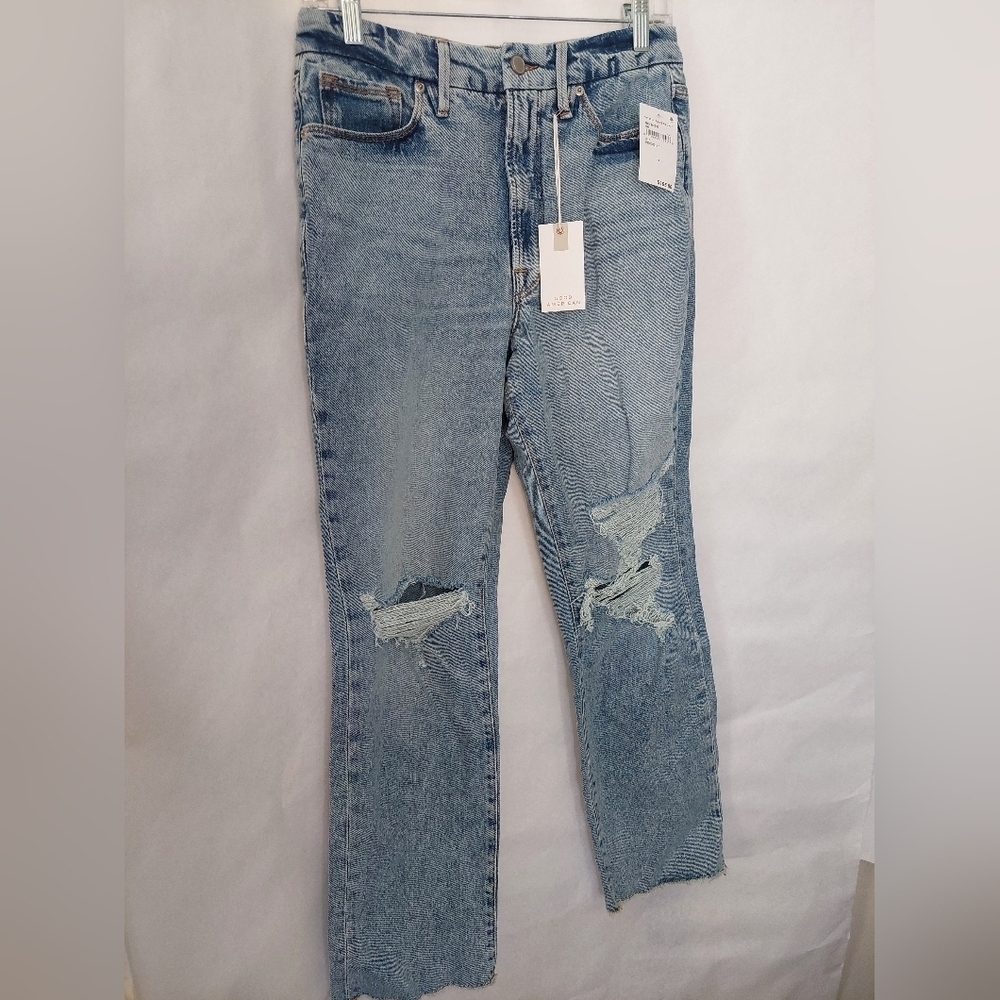 NWT Good American Good Boy Indigo Blue Distressed Jeans